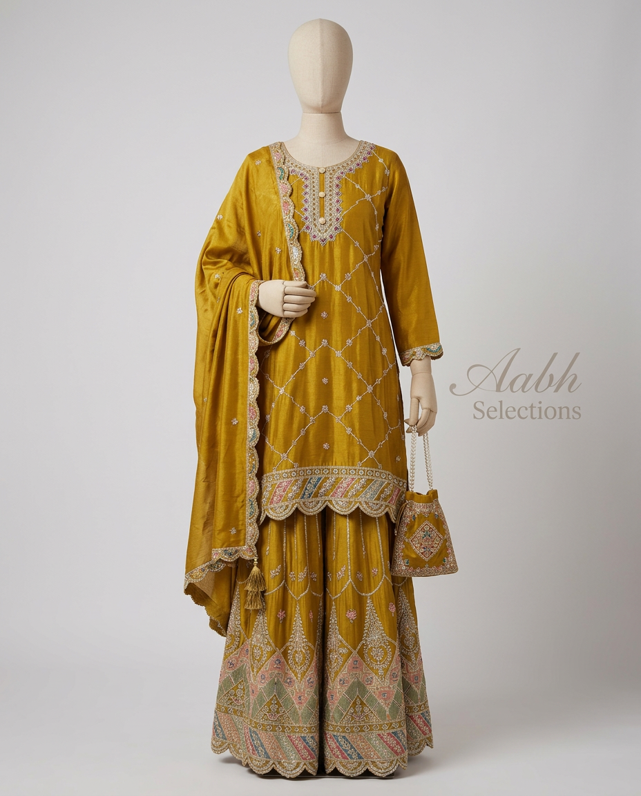 Pure Chinon Heavy Embroidered Suit With Heavy Garara view 3
