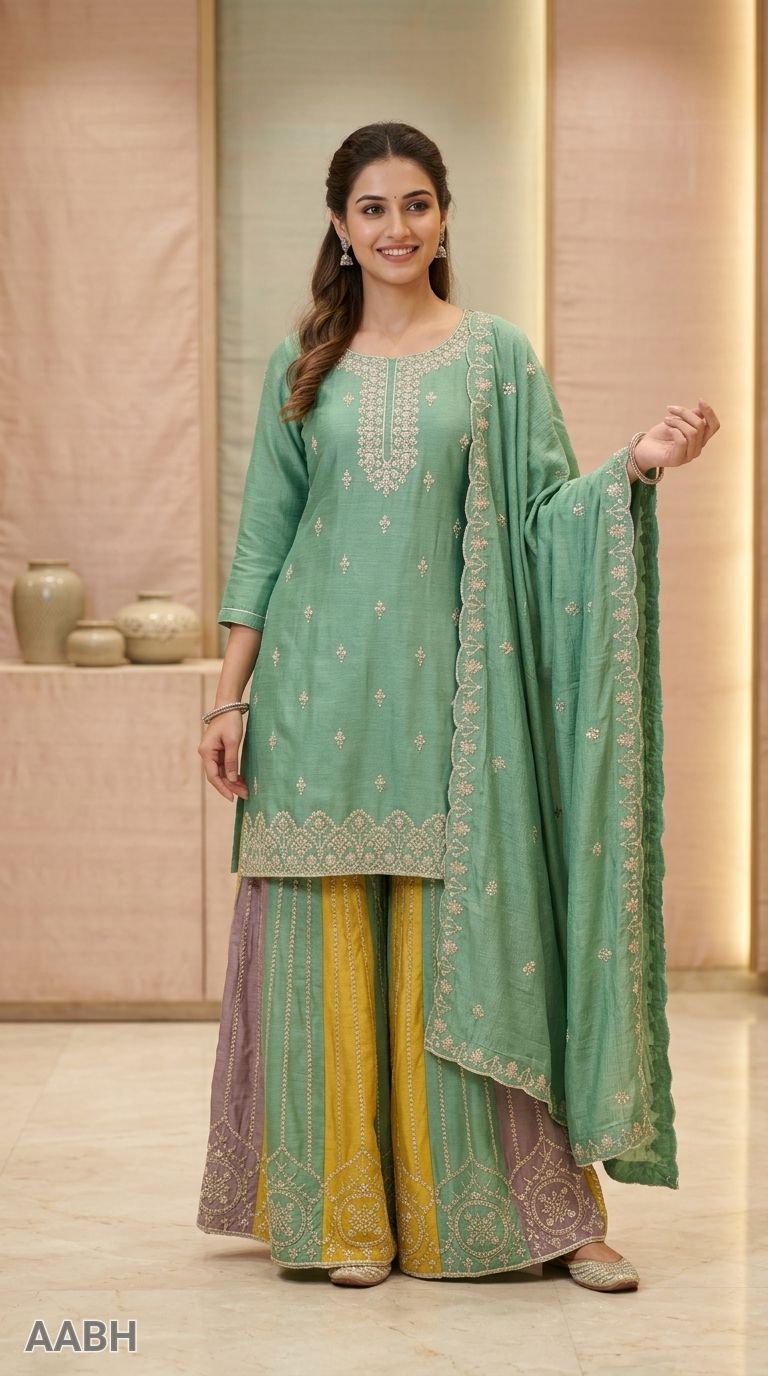 Pure Chinon Sharara Suit With Contrast Panel Sharara view 3