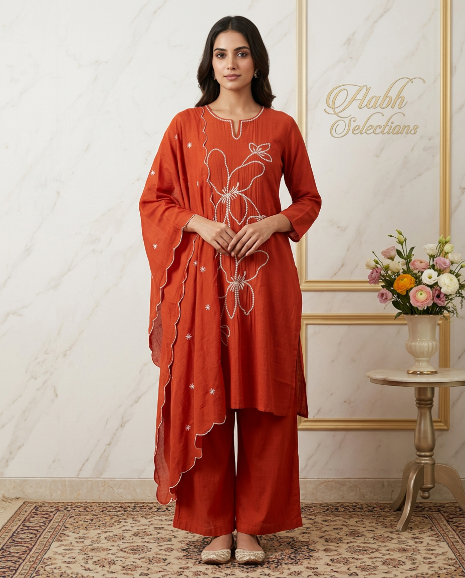 Pure Chanderi Rust Suit with Silver Embroidery