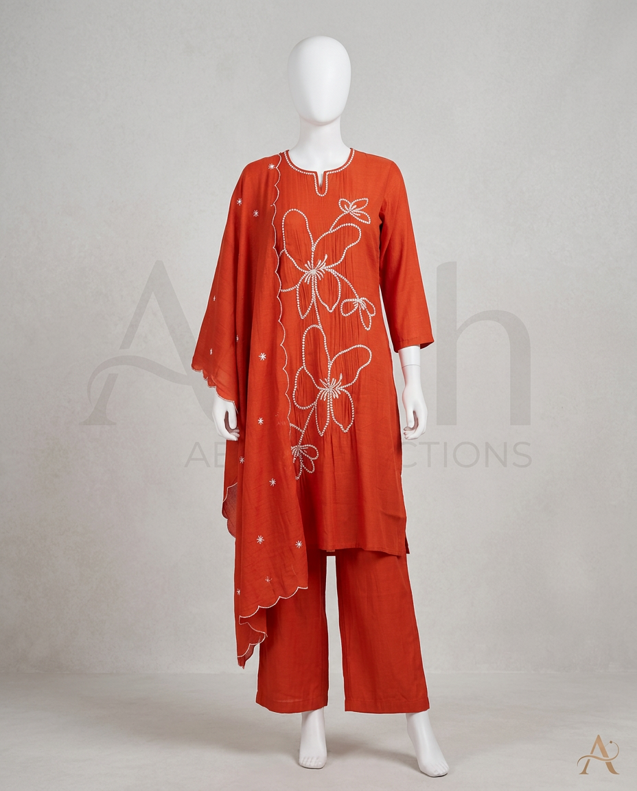 Pure Chanderi Rust Suit with Silver Embroidery view 2