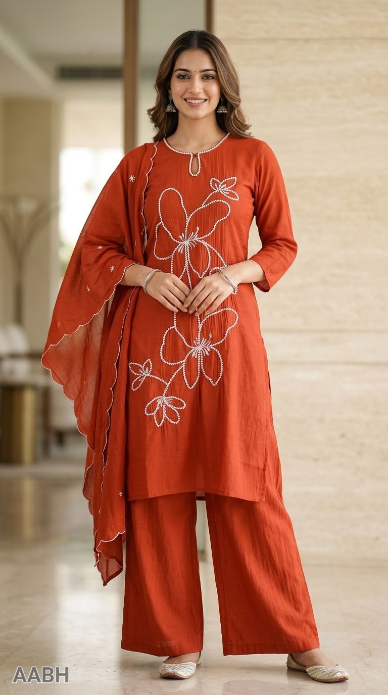 Pure Chanderi Rust Suit with Silver Embroidery view 3
