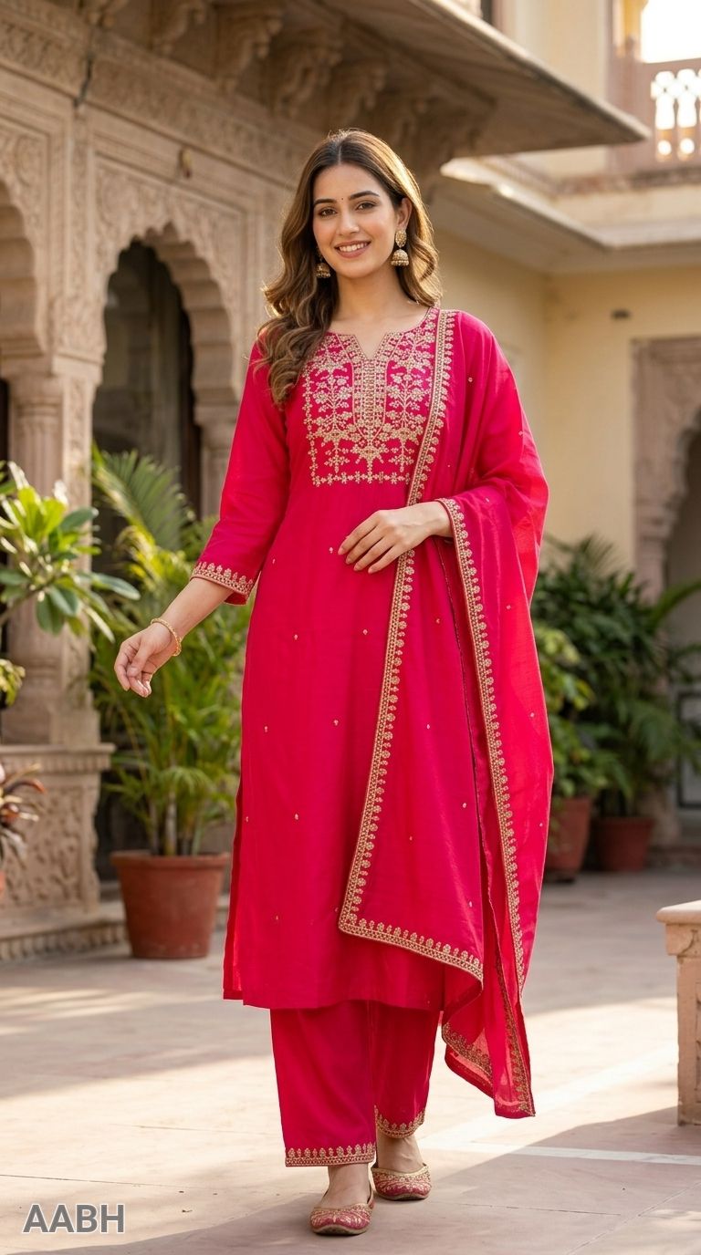 Red Embroidered Anarkali Suit view 3