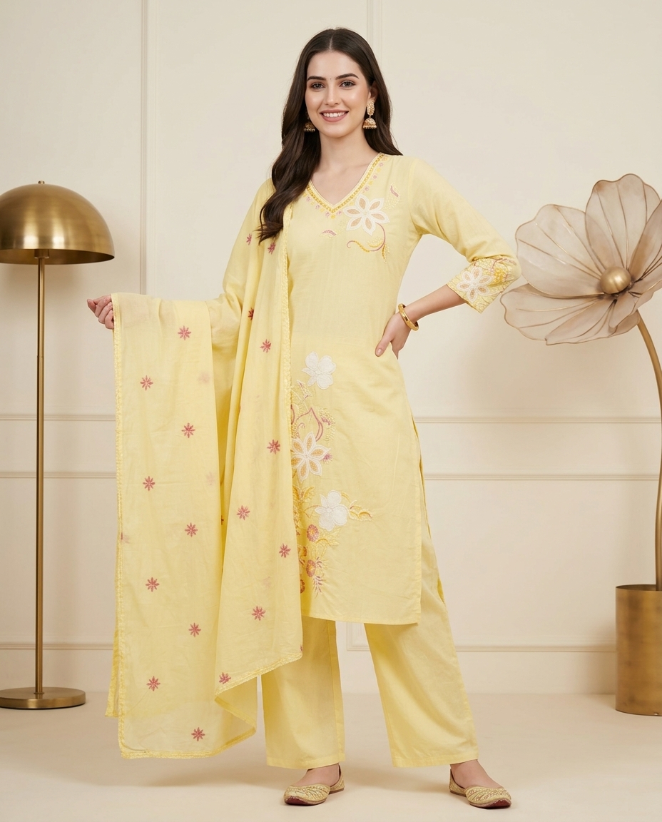 Pure Cotton Summery Yellow Suit With Flower Embroidery