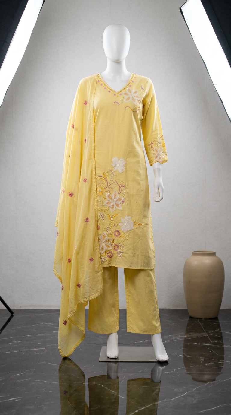 Pure Cotton Summery Yellow Suit With Flower Embroidery view 2