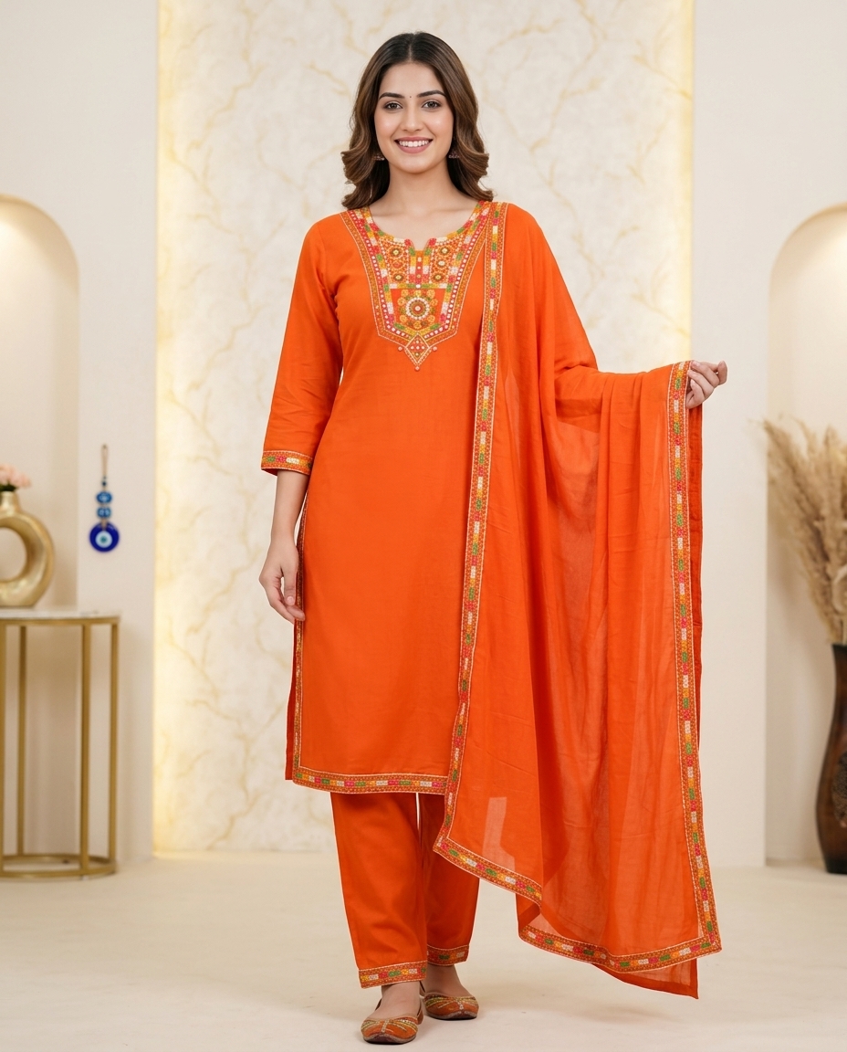 Pure Cotton Straight Suit, Beautiful Thread Embroidery On The Chak view 3