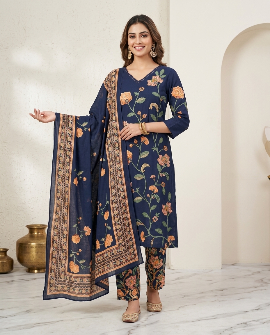 Pure Cotton Printed Floral Suit With Slight Mirror Detailing view 3