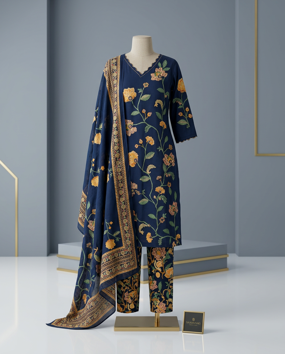 Pure Cotton Printed Floral Suit With Slight Mirror Detailing view 2