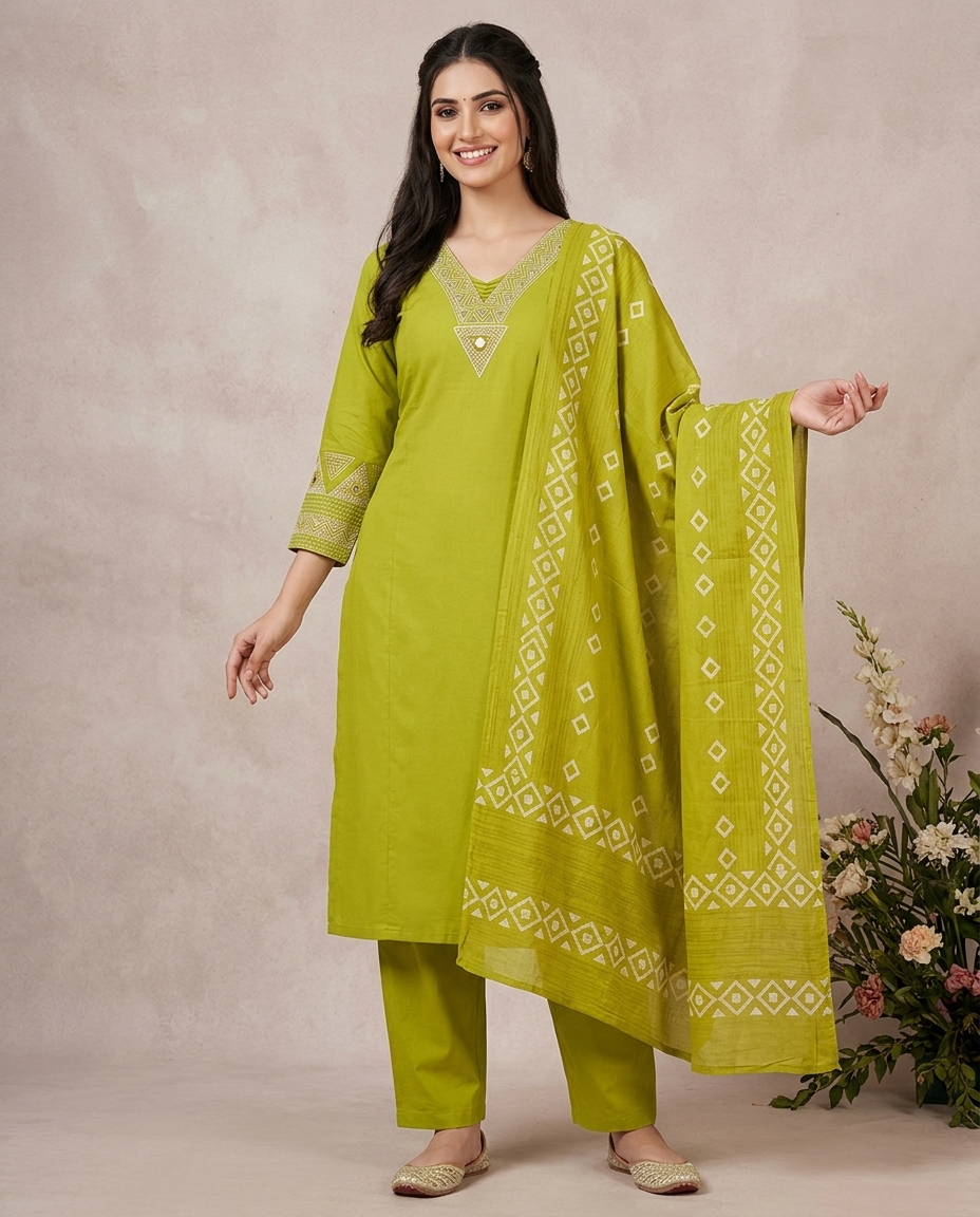 Pure Cotton Suit With Mirror Detailing Neckline view 3