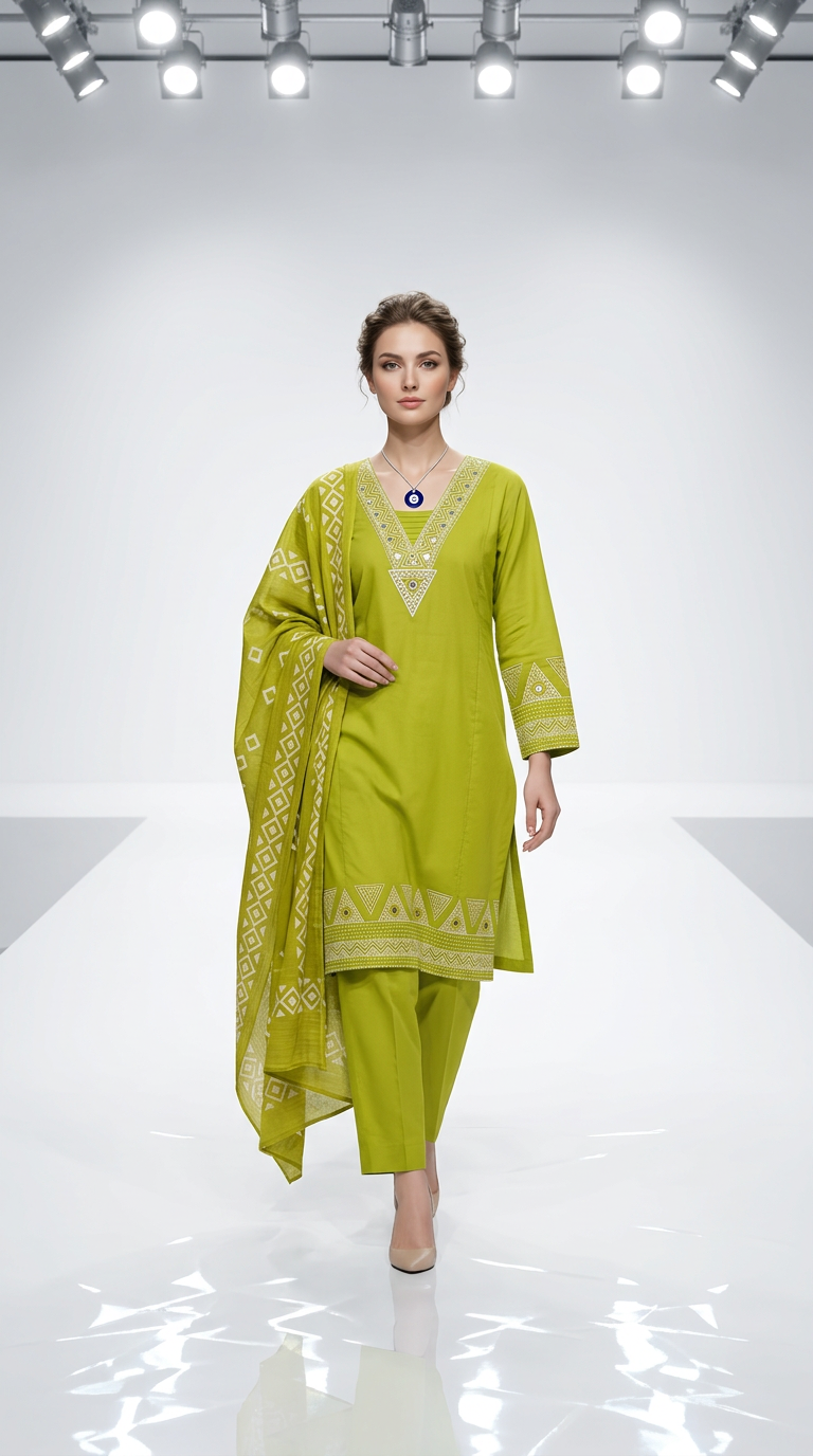 Pure Cotton Suit With Mirror Detailing Neckline view 2
