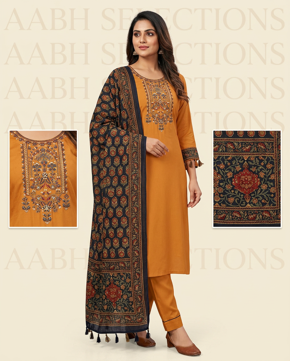 Pure Rayon Suit With Embroidery And Contrast Printed Dupatta view 4