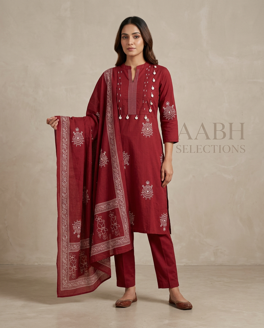 Pure Cotton Straight Suit With Yoke Pin Tucks