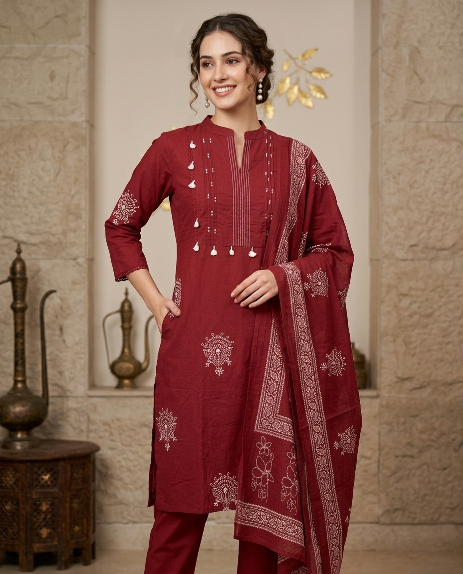Pure Cotton Straight Suit With Yoke Pin Tucks view 3
