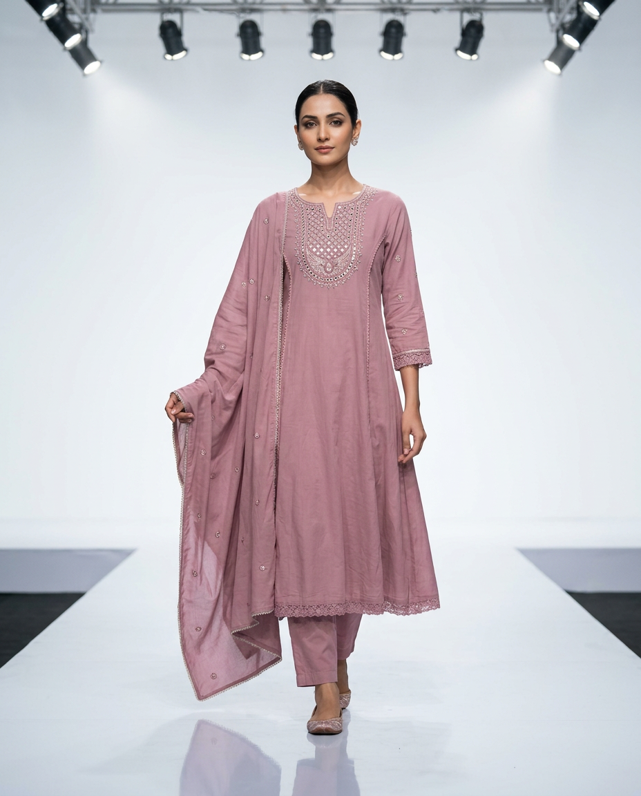 Pure Cotton A Line Suit In Onion Pink view 2