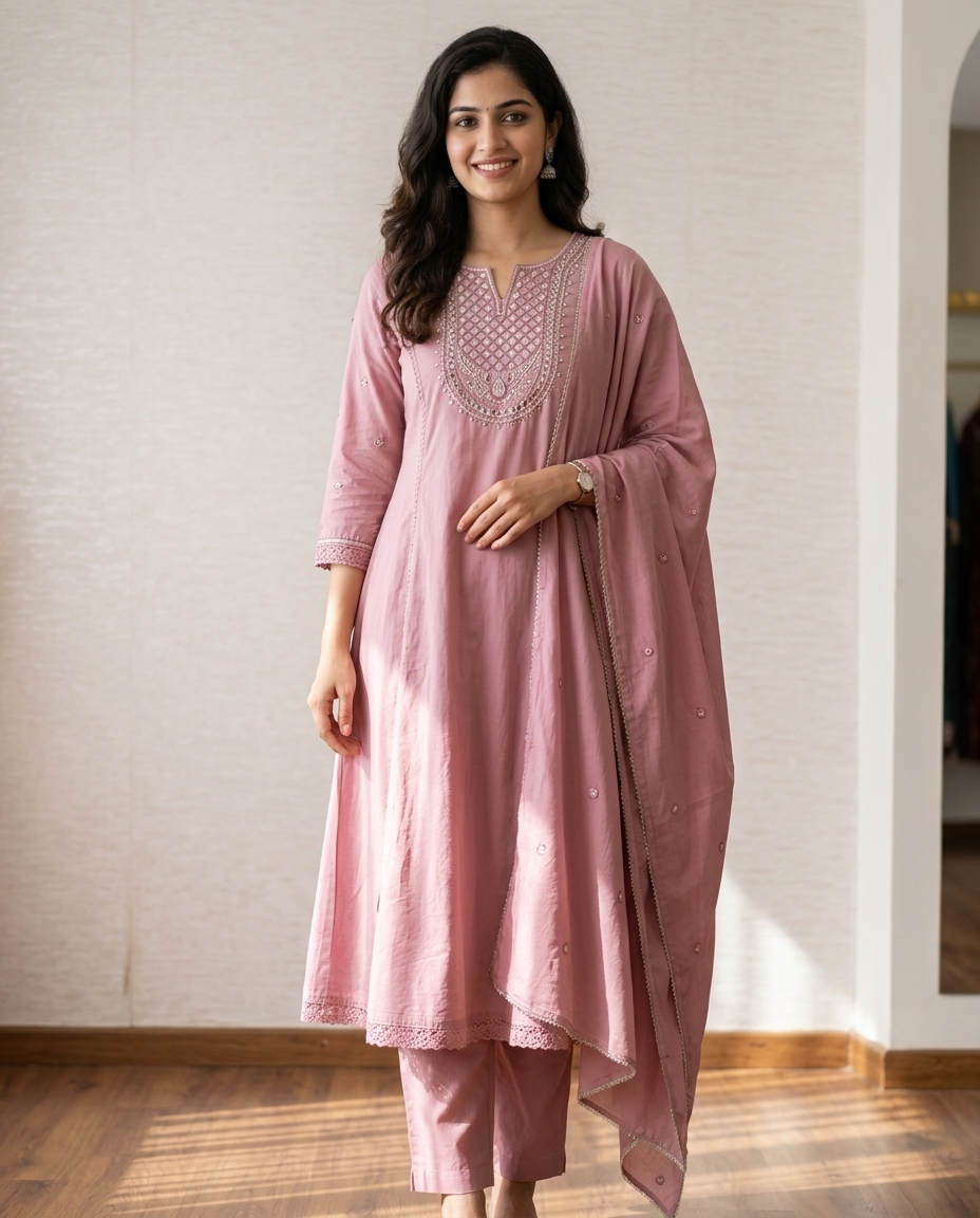 Pure Cotton A Line Suit In Onion Pink view 3