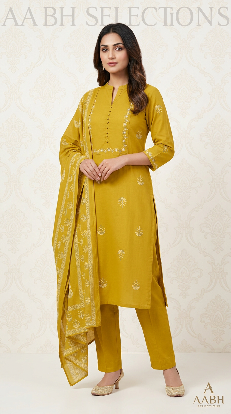 Pure Cotton Suit With Paisley Motifs And Button Neckline