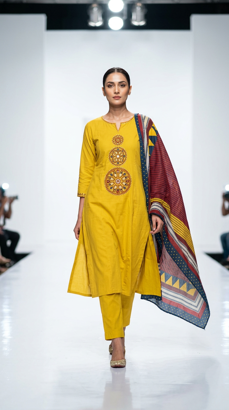Pure Cotton A Line Suit With Embroidery at The Center And Sleeves view 2
