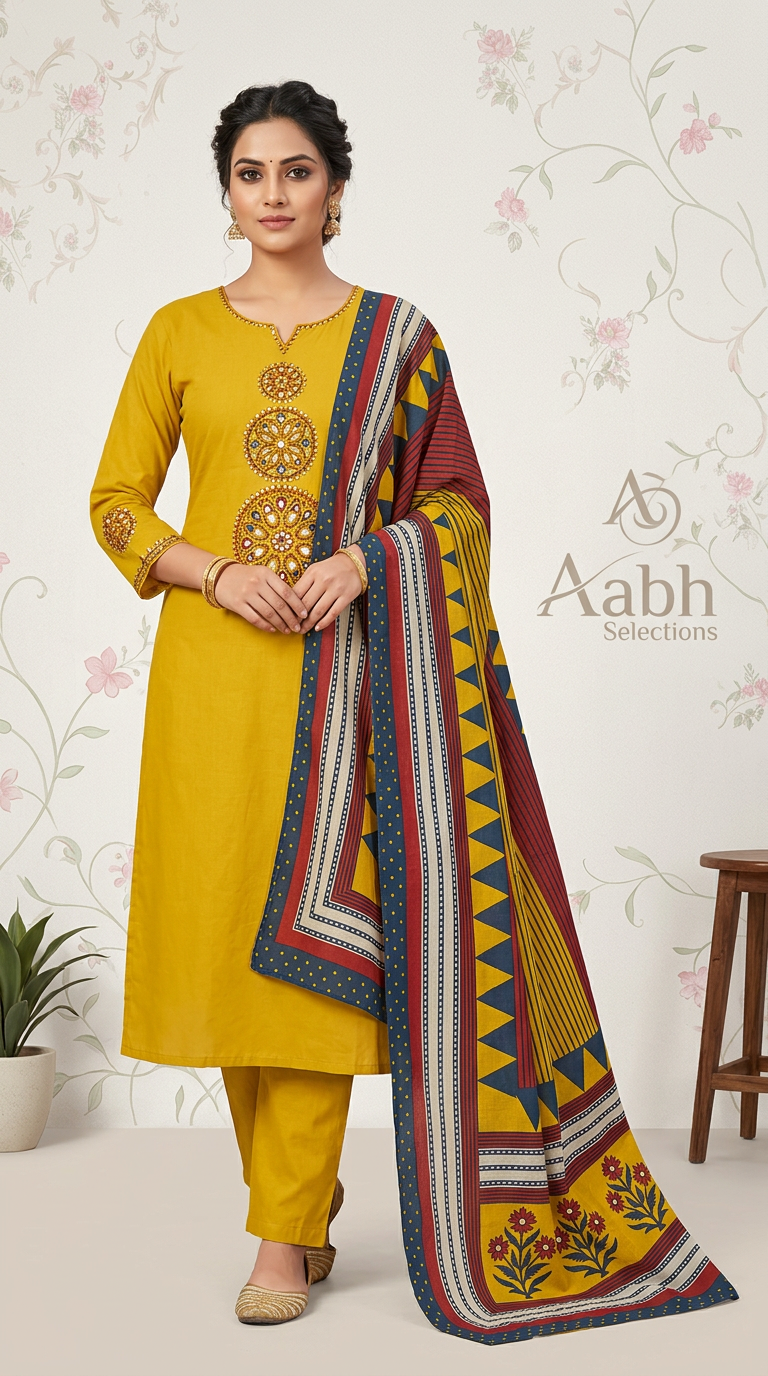 Pure Cotton A Line Suit With Embroidery at The Center And Sleeves