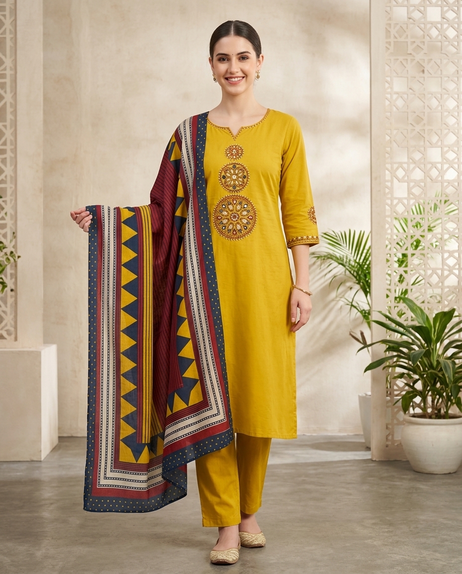 Pure Cotton A Line Suit With Embroidery at The Center And Sleeves view 3