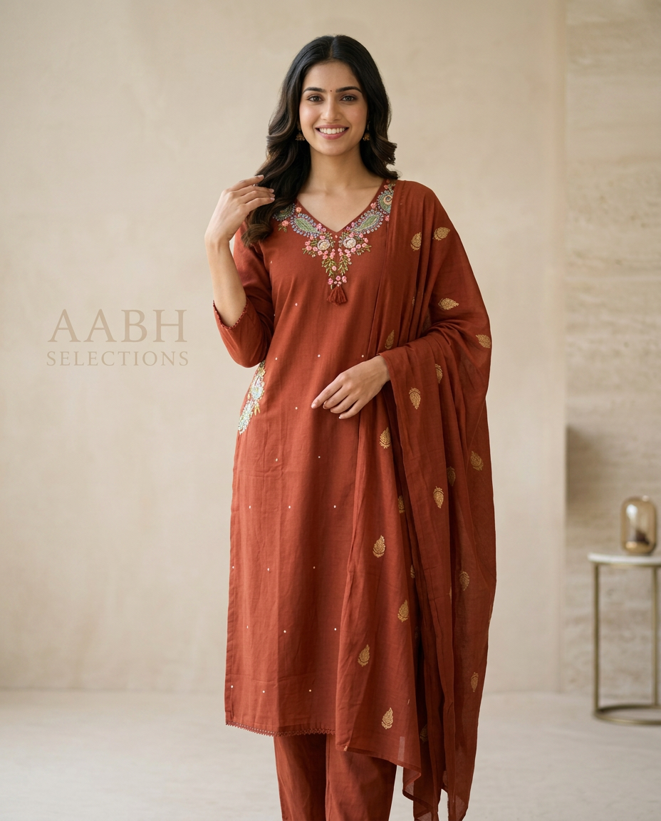 Pure Cotton Straight Suit With Embroidery At The Pockets And Neckline