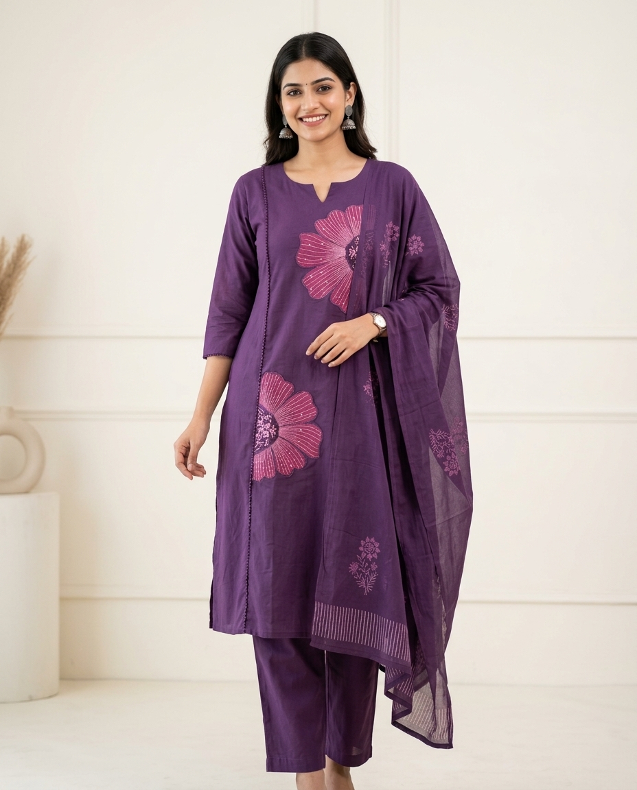 Pure Cotton Suit With Appliqué Work Of Flowers view 3
