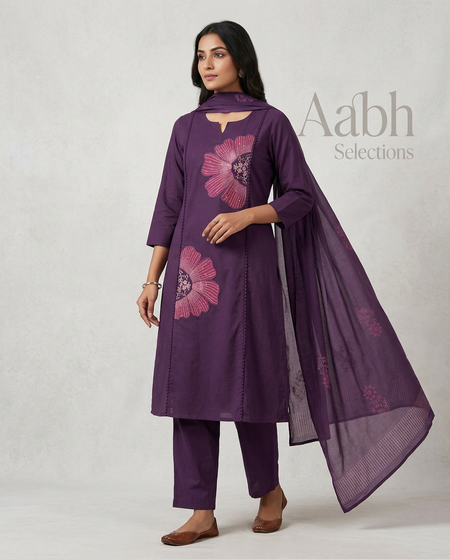 Pure Cotton Suit With Appliqué Work Of Flowers