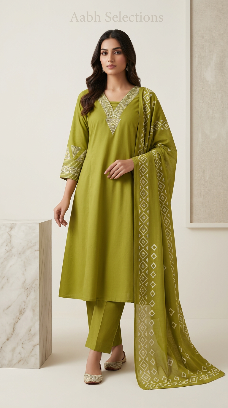 Pure Cotton 3 Pcs Suit With V Neckline And Og Mirror Work Neckline