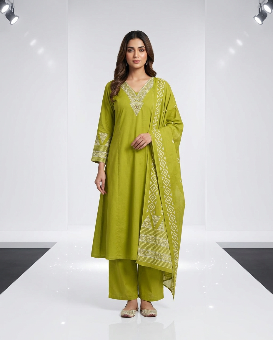 Pure Cotton 3 Pcs Suit With V Neckline And Og Mirror Work Neckline view 3
