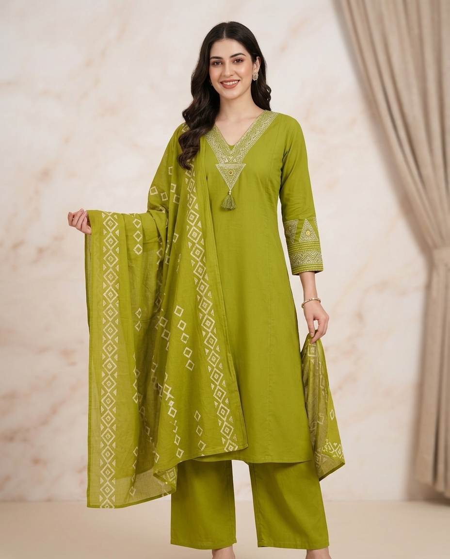 Pure Cotton 3 Pcs Suit With V Neckline And Og Mirror Work Neckline view 2