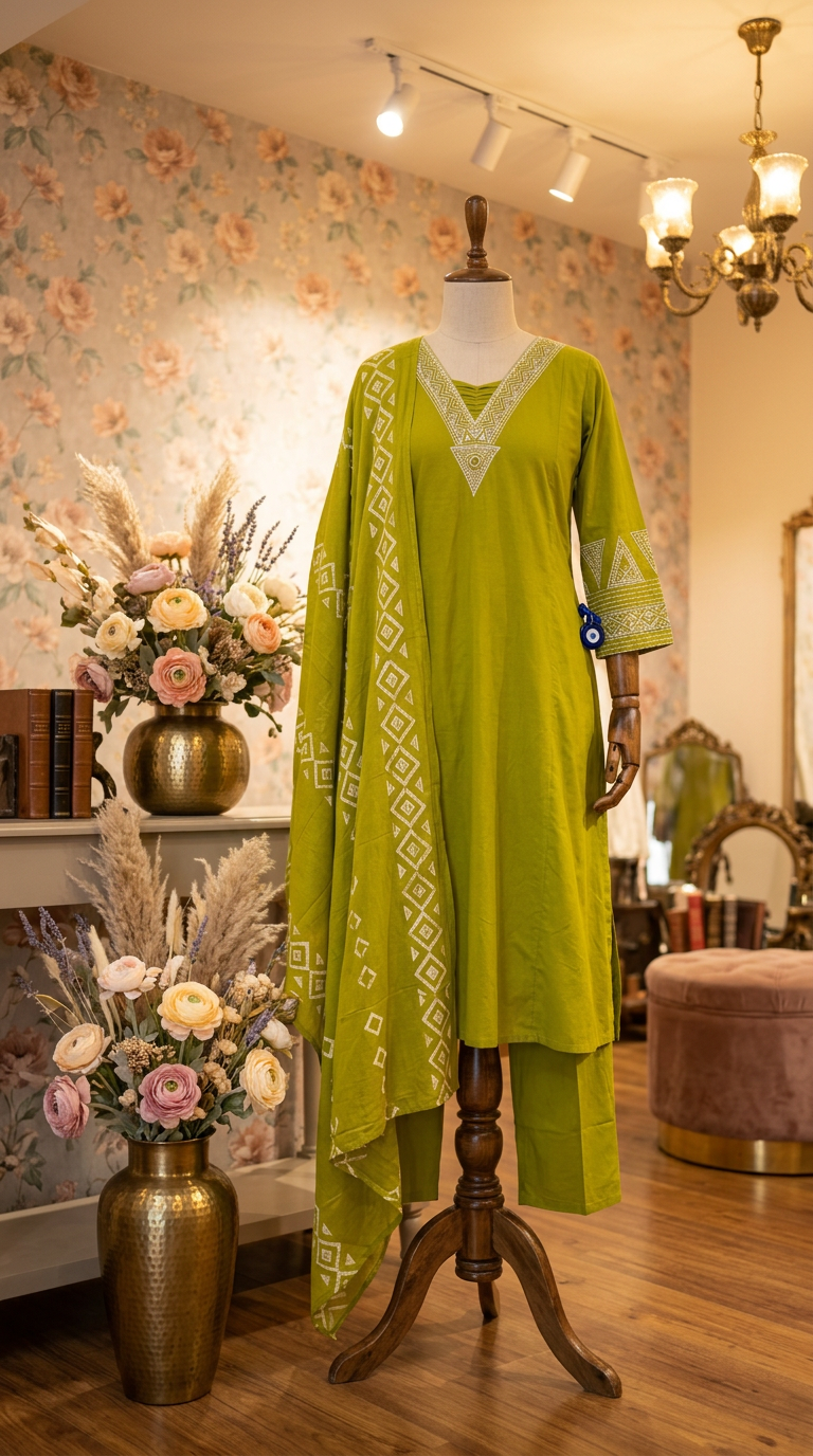 Pure Cotton 3 Pcs Suit With V Neckline And Og Mirror Work Neckline view 4
