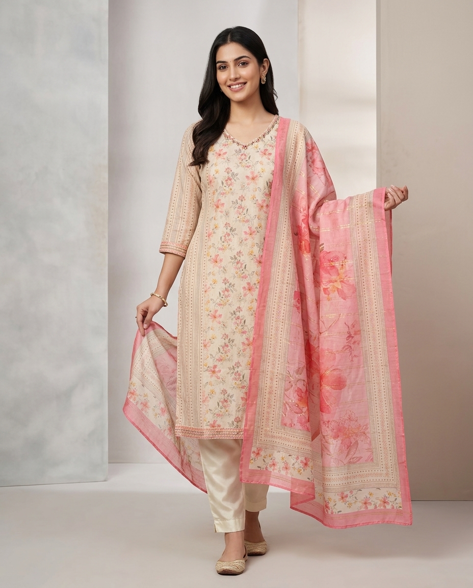 Pure Muslin Straight Suit With Very Sophisticated Print And Neckline Detailing view 2