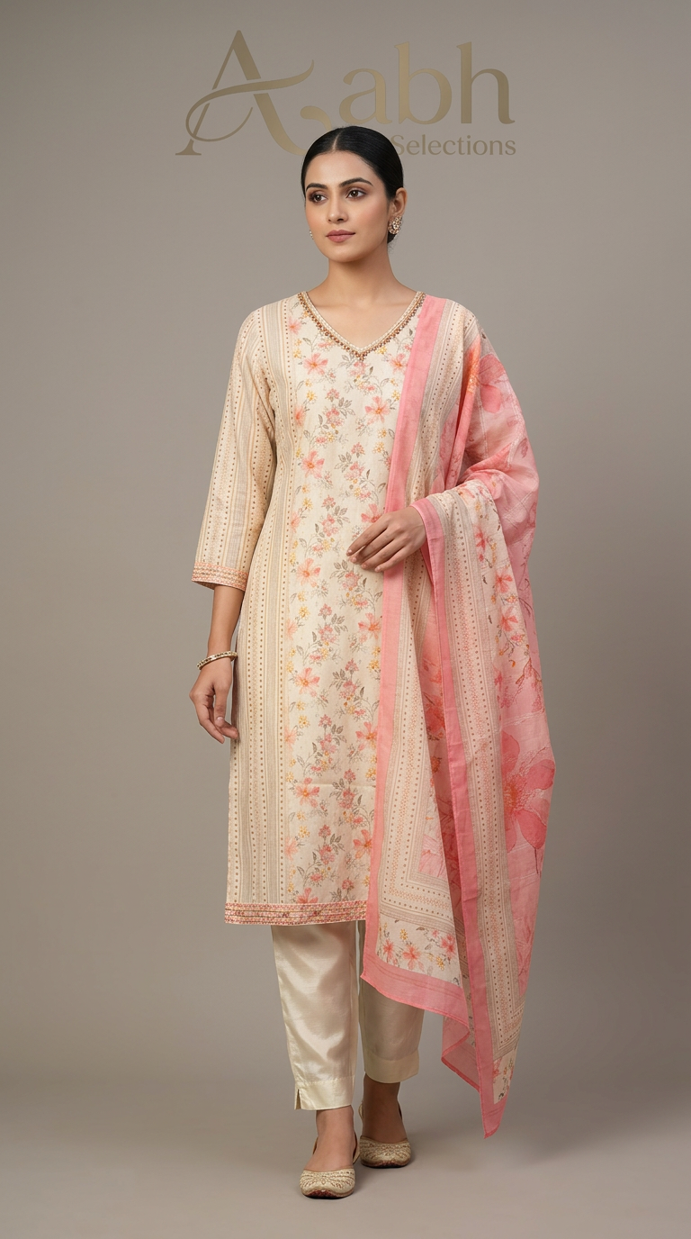 Pure Muslin Straight Suit With Very Sophisticated Print And Neckline Detailing