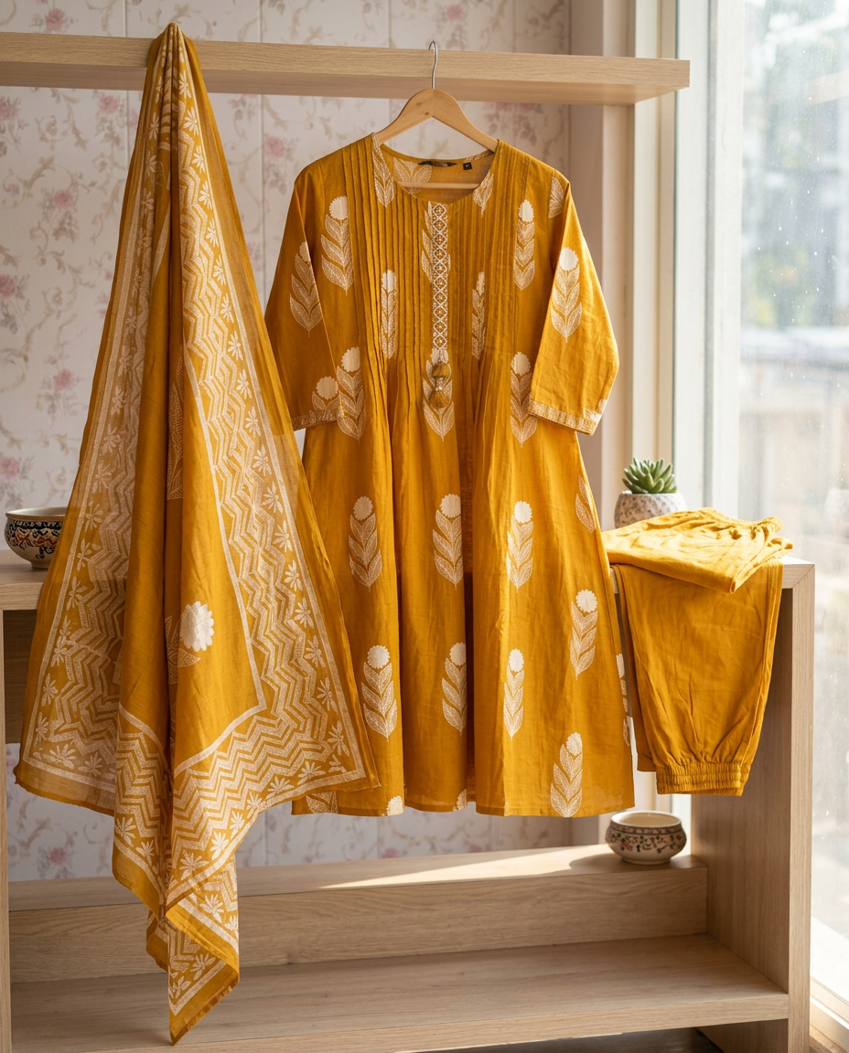 Pure Cotton A Line Suit With Pin Tucks Detailing view 2