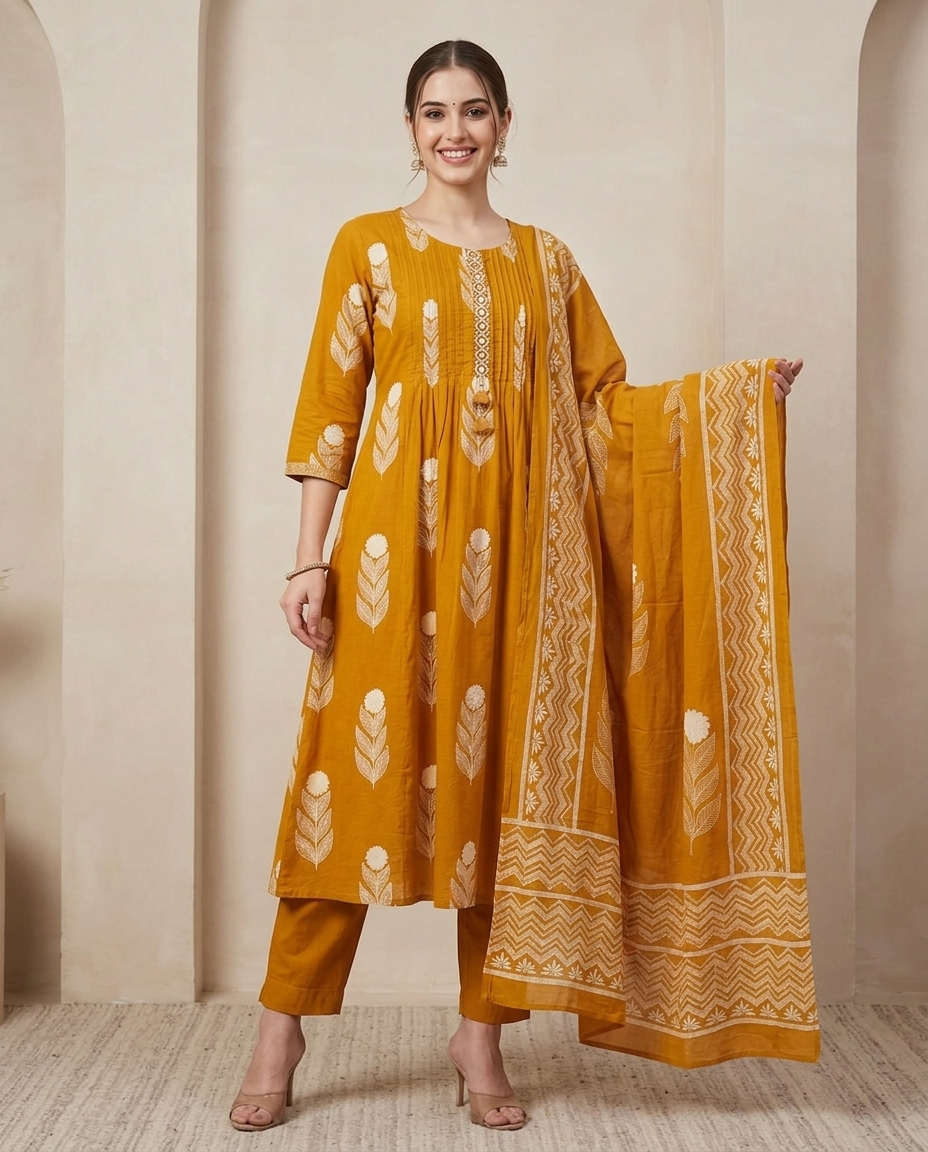 Pure Cotton A Line Suit With Pin Tucks Detailing view 3