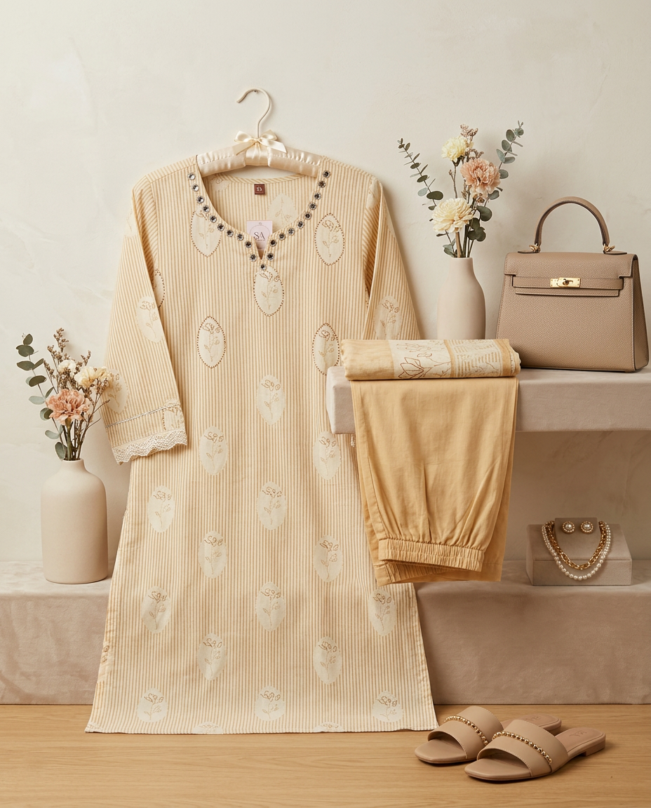 Pure Cotton Pant Suit With Mirror Detailing view 2