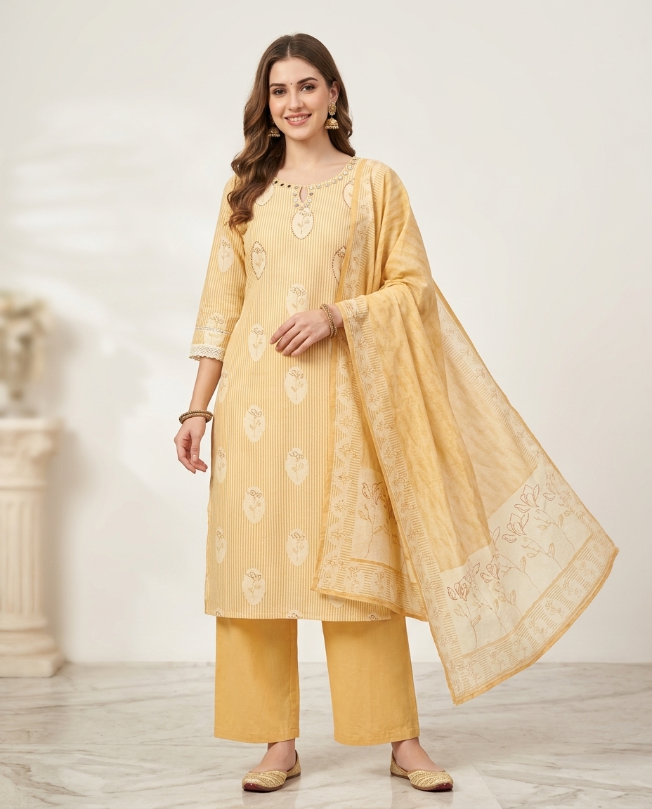 Pure Cotton Pant Suit With Mirror Detailing view 3