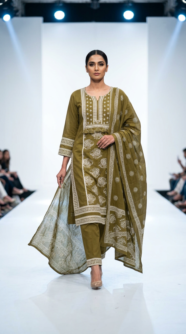 Olive Green Cotton Straight Suit With Tassels view 2