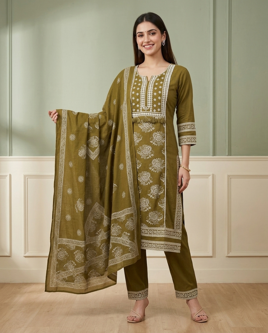 Olive Green Cotton Straight Suit With Tassels view 3