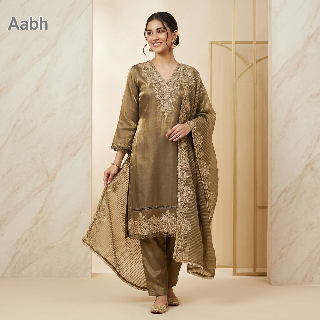 Pure Shimmer Straight Suit With Handcrafted Embroidery On The Neck