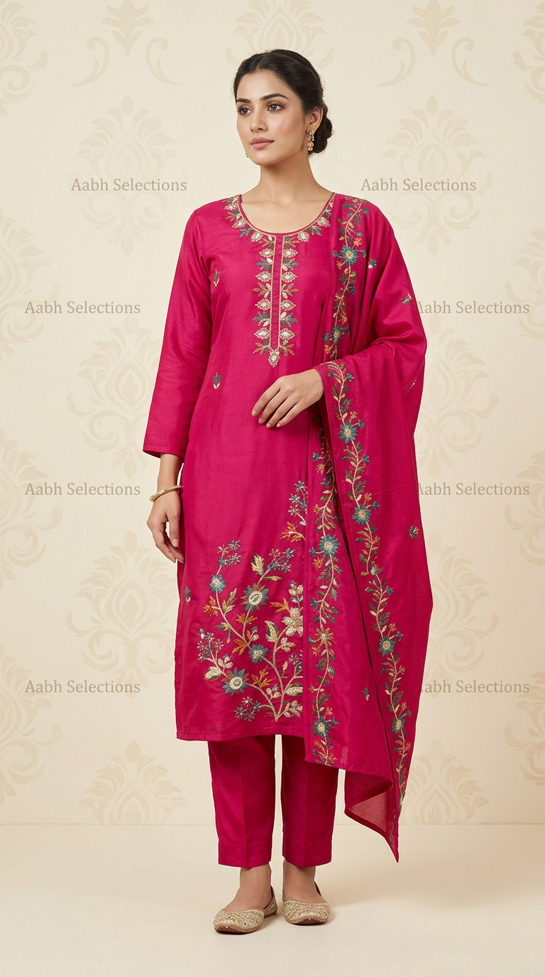 Pure Chanderi Suit With Flowers Embroidery On Shirt view 3