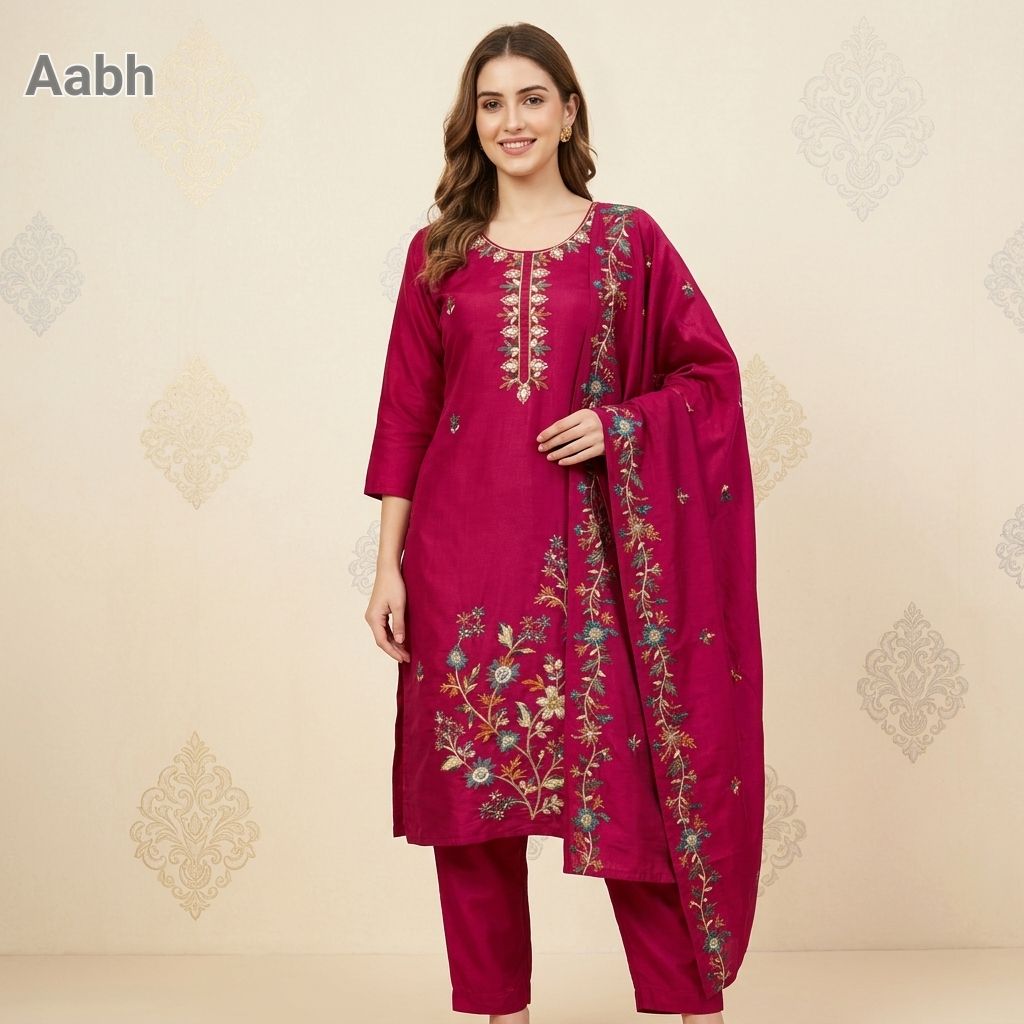 Pure Chanderi Suit With Flowers Embroidery On Shirt view 4