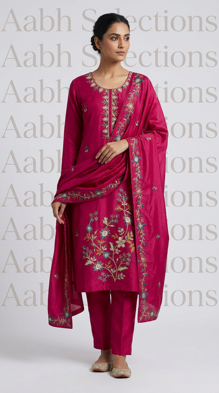 Pure Chanderi Suit With Flowers Embroidery On Shirt