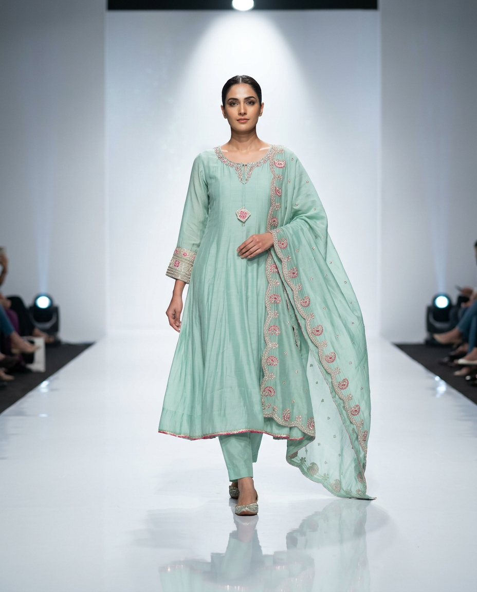 Pure Mul Chanderi Anarkali Suit With Pipling Detailing view 2