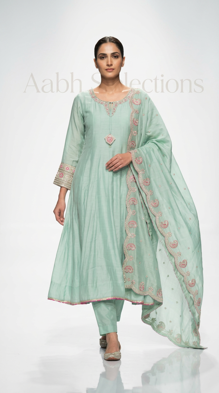 Pure Mul Chanderi Anarkali Suit With Pipling Detailing