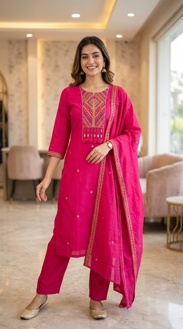 Mul Chanderi Pink Suit With Embroidered Neck Detaili view 3