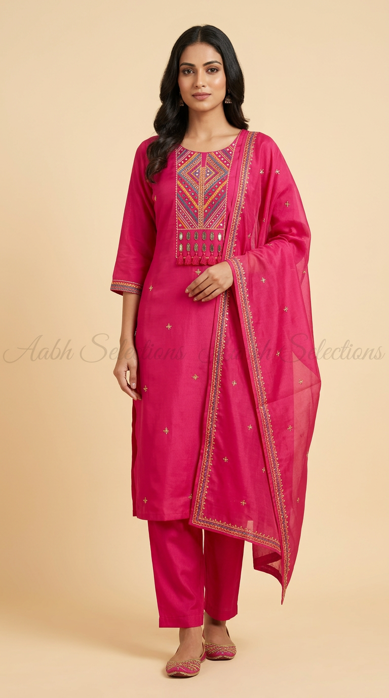 Mul Chanderi Pink Suit With Embroidered Neck Detaili view 2