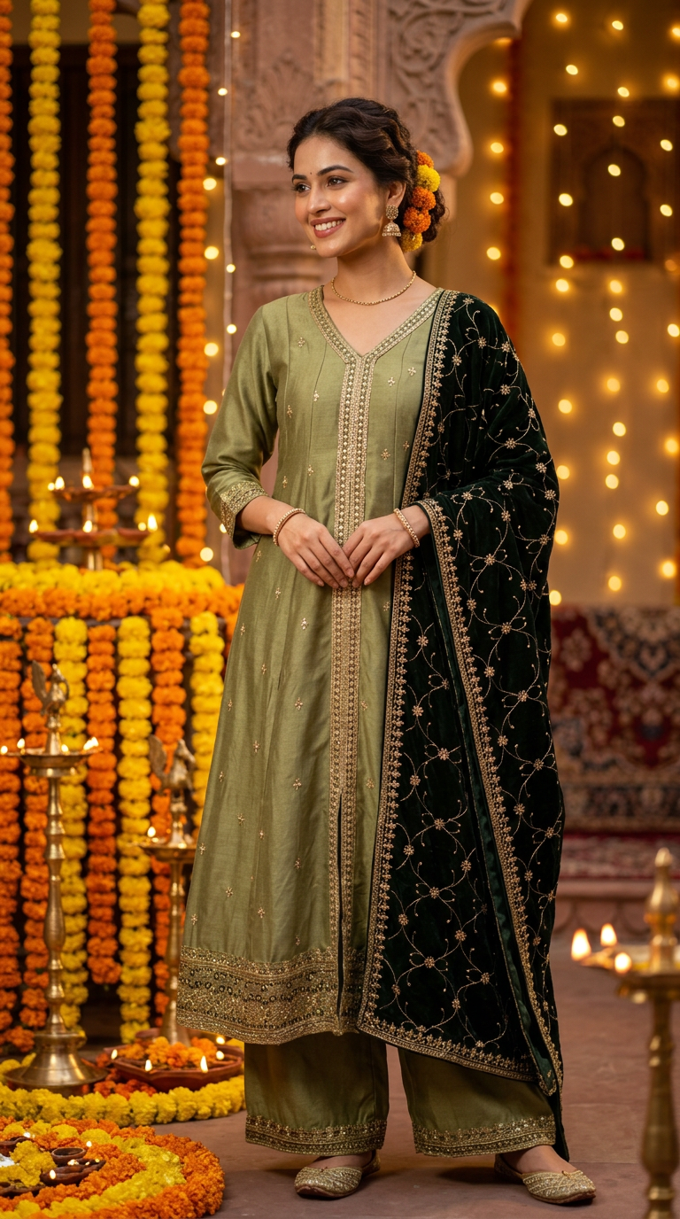 Embroidered Green Anarkali Suit view 2
