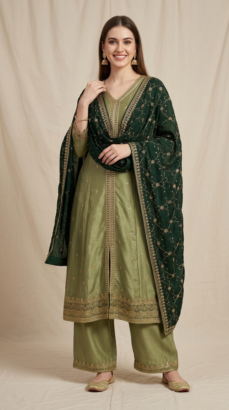 Embroidered Green Anarkali Suit view 3