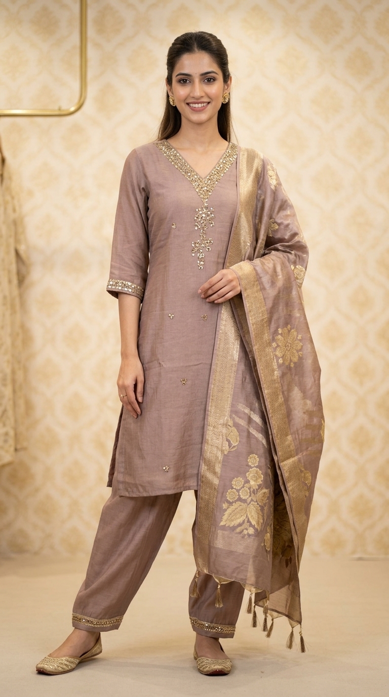 Embellished Brown Cotton Kurta Set view 3