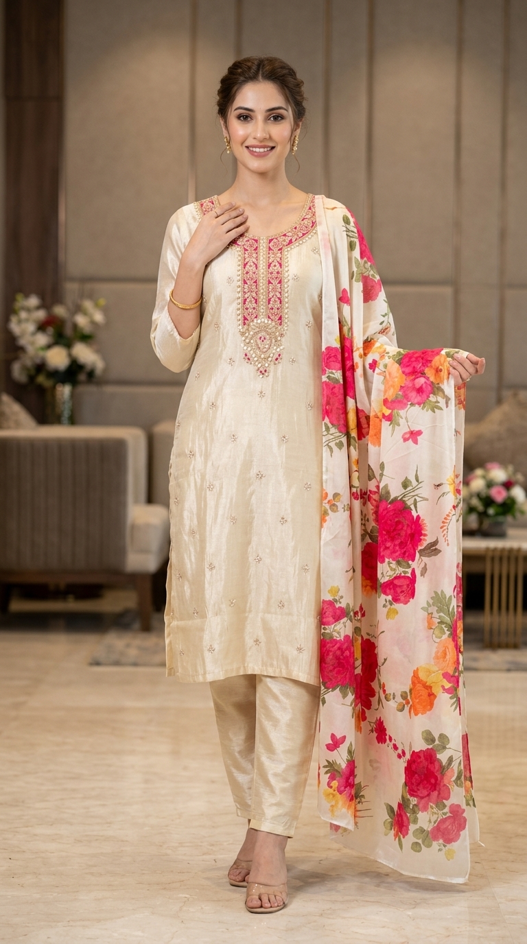 Embellished Cream A-Line Suit view 3