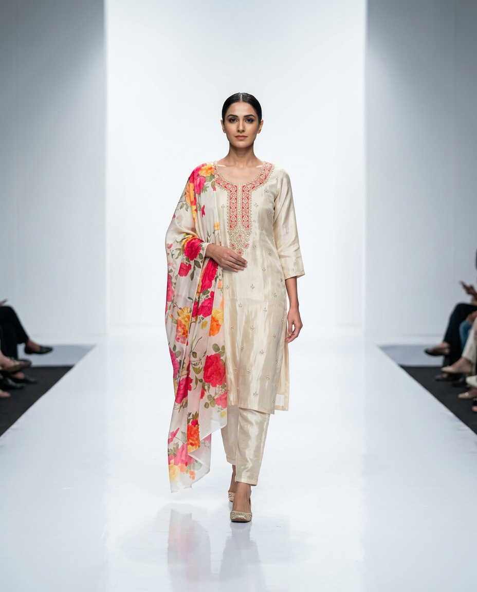 Embellished Cream A-Line Suit